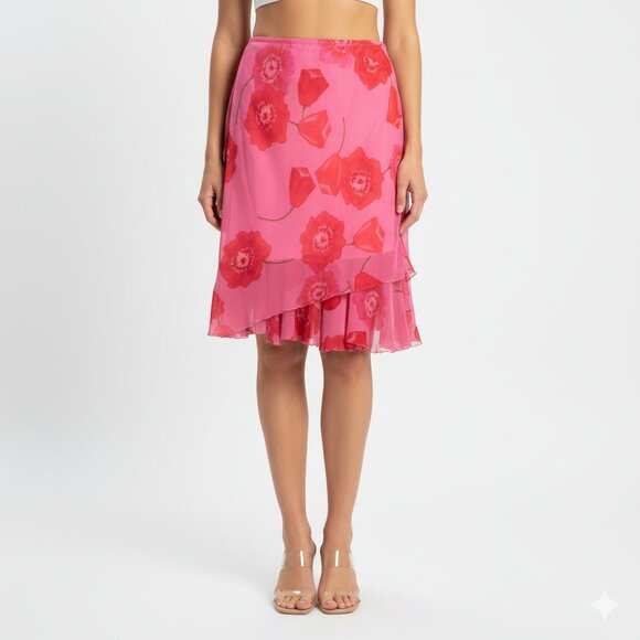 VTG Coquette Fairy Floral Ruffle Midi Skirt Sz L Pink 90s Y2K Romantic Feminine - Picture 1 of 16